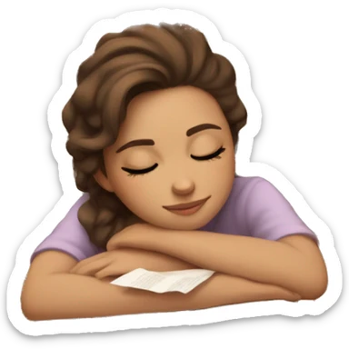 girl with light skin, brown eyes, brown hair sleeping on a pile of paper and books sticker