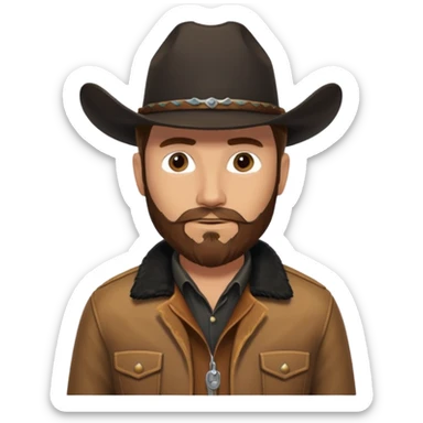 yellowstone dutton ranch cowboy with brown beard, black cowboy hat with no rope no jewel, black shirt, and leather tan jacket sticker