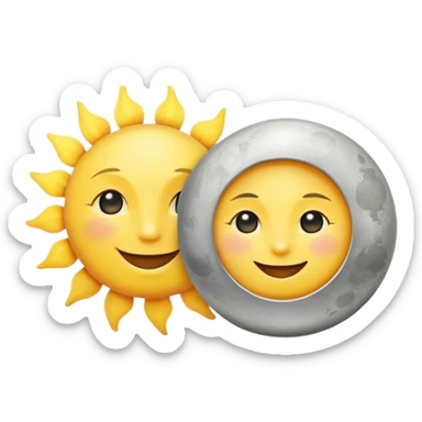 a really bright  big sun and a small moon who shines because of it. the sun is bigger and the tiny \moon bright too beside it smiling looking at each other sticker
