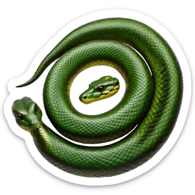 A photo-realistic top-down view of a Green Anaconda tightly coiled in a spiral, with its broad, flat head resting at the center. Its thick, muscular body is olive-green and covered in symmetrical, bold black oval spots that stand out against its smooth scales, creating striking natural camouflage. sticker