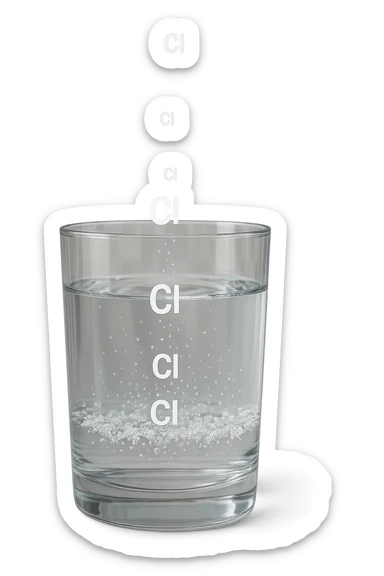 un bicchiere di acqua fluttua in aria realistico e dettagliato, dentro l'acqua del bicchiere ci sono particelle di cloro ben visibili con la scritta "Cl" sopra, ci sono particelle anche che escono dal bicchiere e fluttuano in aria verticalmente, mentre alcune sono all'interno dell'acqua nel bicchiere, iperrealistico 4k sticker