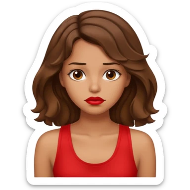 generate a pretty tan bratz girl with brown wavy hair long wearing a red tank top, red lipstick. Looking sad sticker
