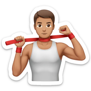 A man doing physiotherapy exercises, stretching his arm with a resistance band sticker