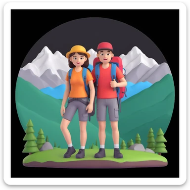 back packer couple posing, mountains in background,   close up pose sticker