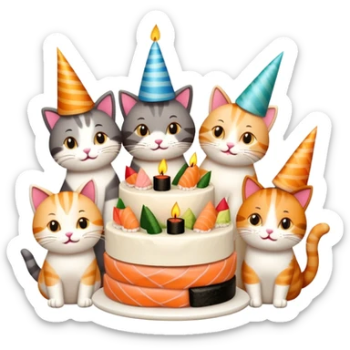 six happy cats wearing party hats celebrating a birthday party around a large cake made entirely of sushi with a candle on top sticker