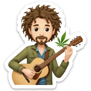 Generate a malnourished dude with curly hair and a shitty goatee who is high on marijuana playing the guitar and twisting a strand of his hair sticker