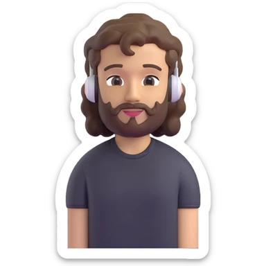 light skin man with a faded beard, wavy hair, and a mullet, wearing a t-shirt and AirPods, 3D emoji style sticker
