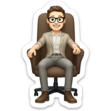 Joyful Celebrating victory Pale skinned Fit Man With dark brown hair in gray jacket, beige office shirt, Brown pants and vintage glasses sitting In a soft chair sticker
