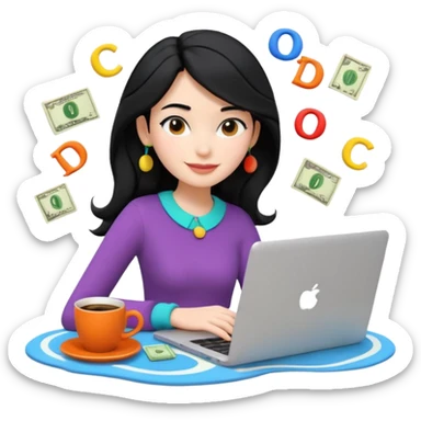 3D clay woman character relaxed with laptop and coffee in Paris, floating icons (dollars), colofrful modern outfit, white laptop, Pixar style, transparent background, black hair, fair skin,  sticker
