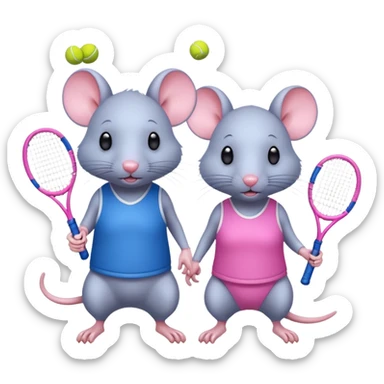 Male and female rat playing tennis one wearing blue the other wearing pink and the pink to be half the size of the blue sticker