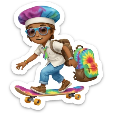 ["A happy boy with brown skin, straight hair, wearing a chef hat and sunglasses, dressed in hippie fashion, is skateboarding while holding a backpack."] sticker