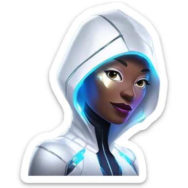 Android Spider-Gwen wearing a sleek, futuristic suit with metallic accents, glowing circuitry, and a holographic hood over her head sticker