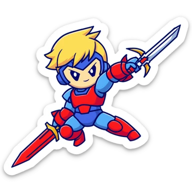 Megaman Zero robot with red armor, blonde hair, and Z-saber sword sticker