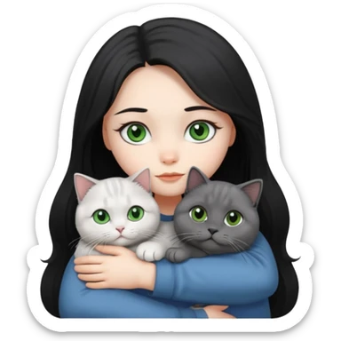 Black long hair, white skin, black eyes, pretty girl is hugging a gray Scottish fold green-eyed cat white blue-eyed cat

 sticker