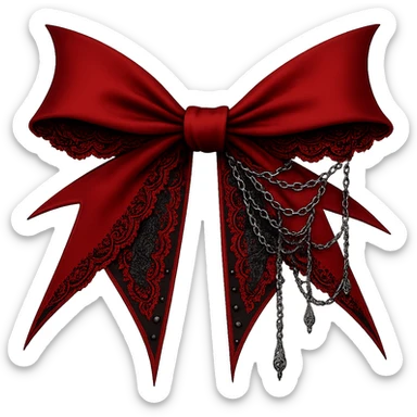 Make the red gothic bow even more dramatic: larger, with exaggerated pointed ends, extra lace, and ornate silver chains. Keep the background transparent. Maintain the gothic style and intricate details. sticker