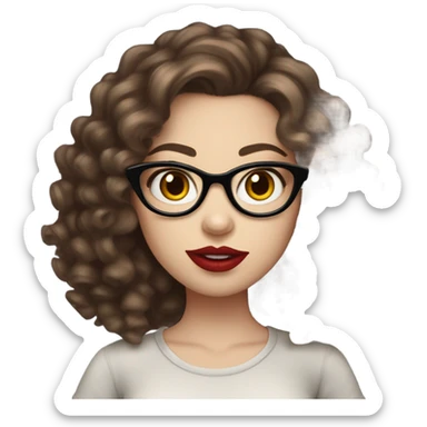 girl, dark brown hair, big lashes, big red lips, curly hair, glasses, hazelbrown eyes, pale skin, red lips, long hair, holding starbusk sticker