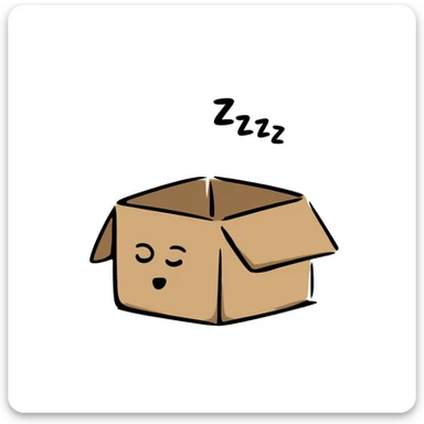 emoji of sleeping box, box is brown colored, open and empty, with a tiny Zzz bubble sticker