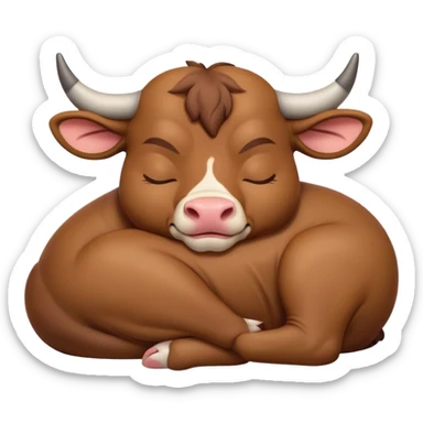 meme-worthy-cute-sleeping-domestic-bull-portrait-emoji,-head-resting-peacefully-with-a-contented-smile,-showcasing-a-robust,-muscular-build-and-a-luxuriously-soft-coat,-eyes-gently-closed-in-serene,-restful-slumber,-simplified,-solid-brown sticker