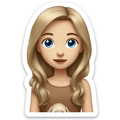 young girl with long brown hair, blue eyes and a biege puppy sticker