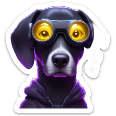 funny dog wearing a black hoodie with "OMG" letters on it and VR headset in a cyberpunk VR environment with violet neon lighting. sticker