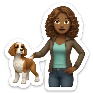 White Girl with brown hair holding a yellow cocker spaniel sticker