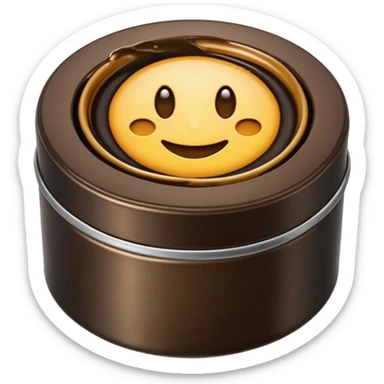 small round metal tin, slightly opened to reveal glossy dark wax inside black or brown, smooth reflective surface with soft circular swirls, low profile tin with subtle metallic sheen, no brush cloth or shoes, apple emoji style, soft lighting, subtle shadows, transparent background, emoji scale sticker