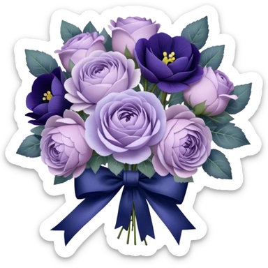 A hand-tied bouquet of soft lilac roses, pale violet peonies, and deep indigo pansies, bound with layers of vintage lace and a faded purple silk bow, rests upon a carved wooden vanity, beside an antique silver heart-shaped mirror reflecting the timeless beauty of love’s gentle touch. sticker