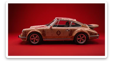 Closeup shot of a porsche 911, body of car made of russian carpet with patterns, red solid studio background,top low key light, dutch angle,  captured by ARRI 65 sticker