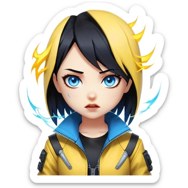 Black hair cyberpunk 2077 chibi girl with blazing blue eyes and yellow jacket from the animation show cyberpunk edge runners. All emotion reactions sticker