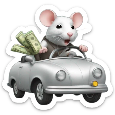 rat driving a car with money sticker