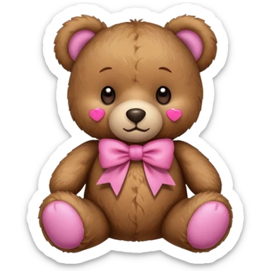 A teddy bear with a pink accessory sticker