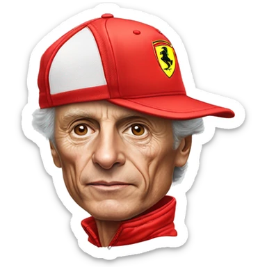 hyper realistic nikki lauda in ferrari gear with a red cap sticker