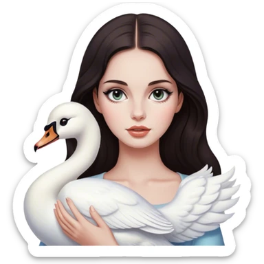 Girl who looks like Lana del Rey with dark hair and cat eyes holding a swan sticker