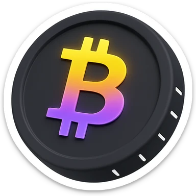 3D black style Bitcoin coin with a glowing yellow, orange, purple, and violet gradient sticker