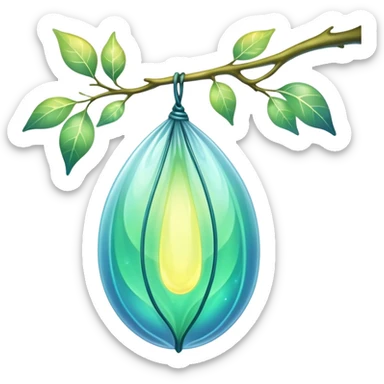 ethereal magical cocoon hanging from a branch, glowing green-blue cocoon, yellow magical aura, translucent, magical symbol, soft curves, gentle green-blue hues sticker
