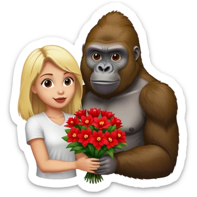 A gorilla give a bouquet of flowers to a blonde girl  sticker