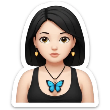 A thick girl in white skin, black middle length hair wearing a black tank top and small butterfly pendant necklace. sticker