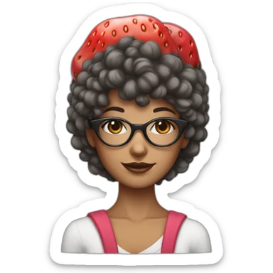 Brunette girl with circle glasses and wolf cut hair and a strawberry hat sticker
