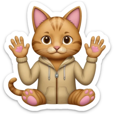 A man wearing cat clothes  and showing his paws sticker