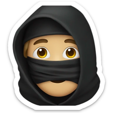 A person wearing a black hood, wearing a hat, and wearing a black mask sticker