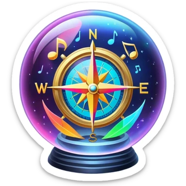 A glowing holographic compass with vibrant neon colors and music notes, inside a crystal-clear sphere sticker