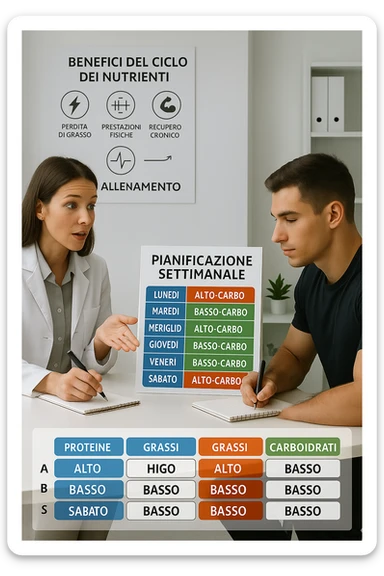 a nutritionist explains to an athlete how to cycle macronutrients for fat loss and training. On the desk, a weekly meal planner shows alternating high-carb and low-carb days, with color-coded sections for proteine, grassi, and carbo. The athlete takes notes, and a chart in the background illustrates the benefits of nutrient cycling. The mood is professional and educational. scritto in italiano sticker