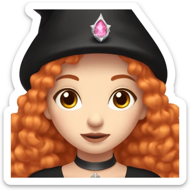 pale young witch wearing a low cut black dress, a pink crystal necklace, and a witch hat, with red hair (Orange) and bright brown eyes, making prayer hand sticker