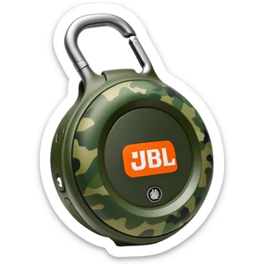 Simple JBL Clip 4 speaker with round body, built-in carabiner, green camo pattern, and JBL logo on front, iOS emoji style sticker