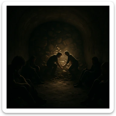 A group in a dark tunnel facing a collapsed exit. Most people sit in despair or distraction, two try to clear the rubble or find a way out. Lighting on the two, others in shadow. Conceptual, symbolic, cinematic, hyperrealistic 4K. sticker
