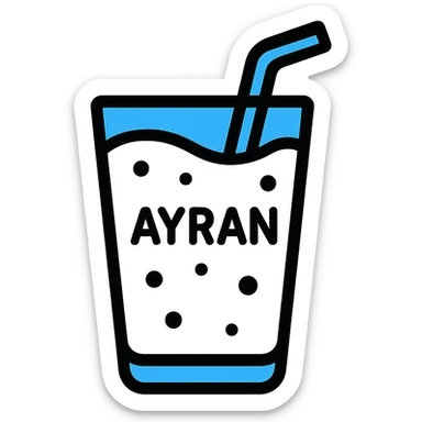 stylized flat design icon of Ayran beverage in a glass with white liquid, blue accents, and a straw, easy to recognize sticker