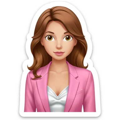 uma mulher de pele clara bronzeada, cabelo castanho longo e ondulado, olhos puxados
usa um blazer na cor rosa chiclete e uma blusa com tecido acetinado branco com alças finas e decote drapeado estilo “cowl neck”, trazendo um ar romântico e delicado. sticker