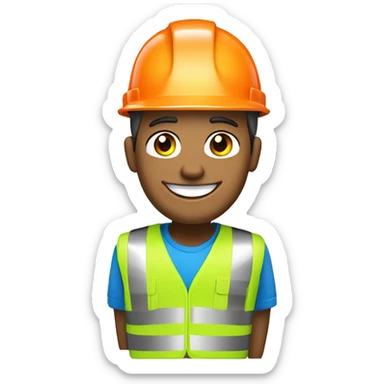 Happy worker with white hard hat, blue eyes, glass's, white lightskin, orange & green saftey vest, tool belt sticker