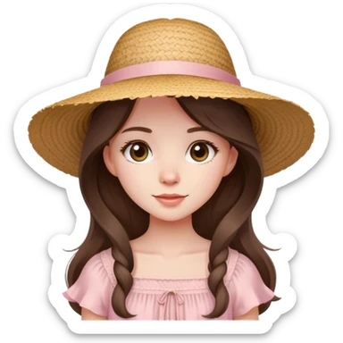 beautiful pale brunette girl with long hair in a light pink summer dress and straw hat sticker