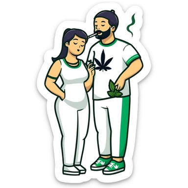 Cartoon couple sneaking into wedding ceremony, both smoking marijuana, full body, tiptoeing with hunched posture sticker